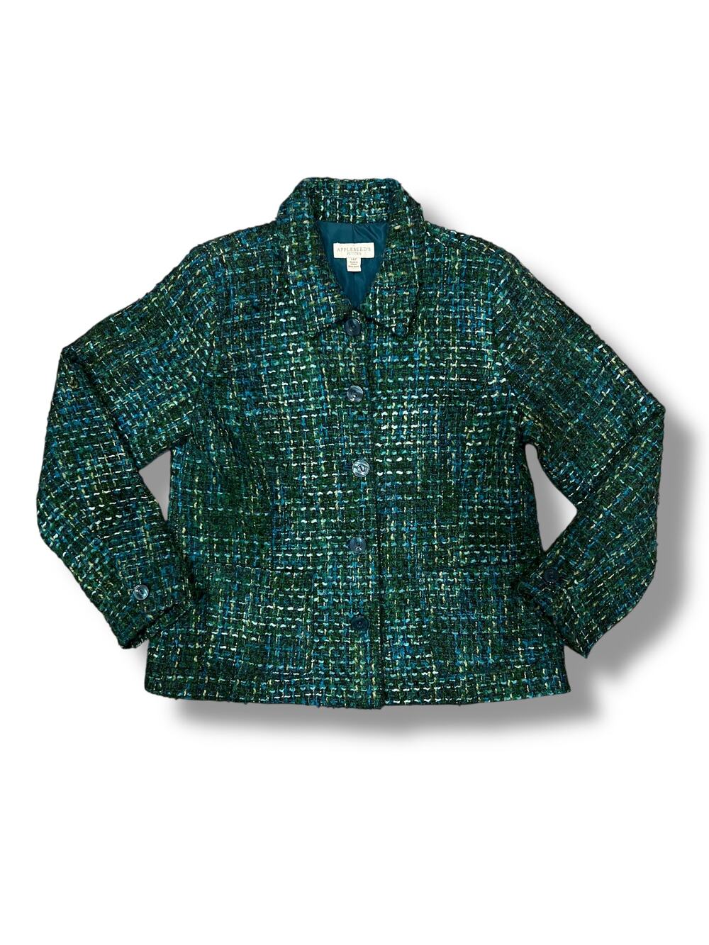 Appleseeds Wool Tweed Jacket Wool Blend Green Blue Blazer Size 14 Pockets